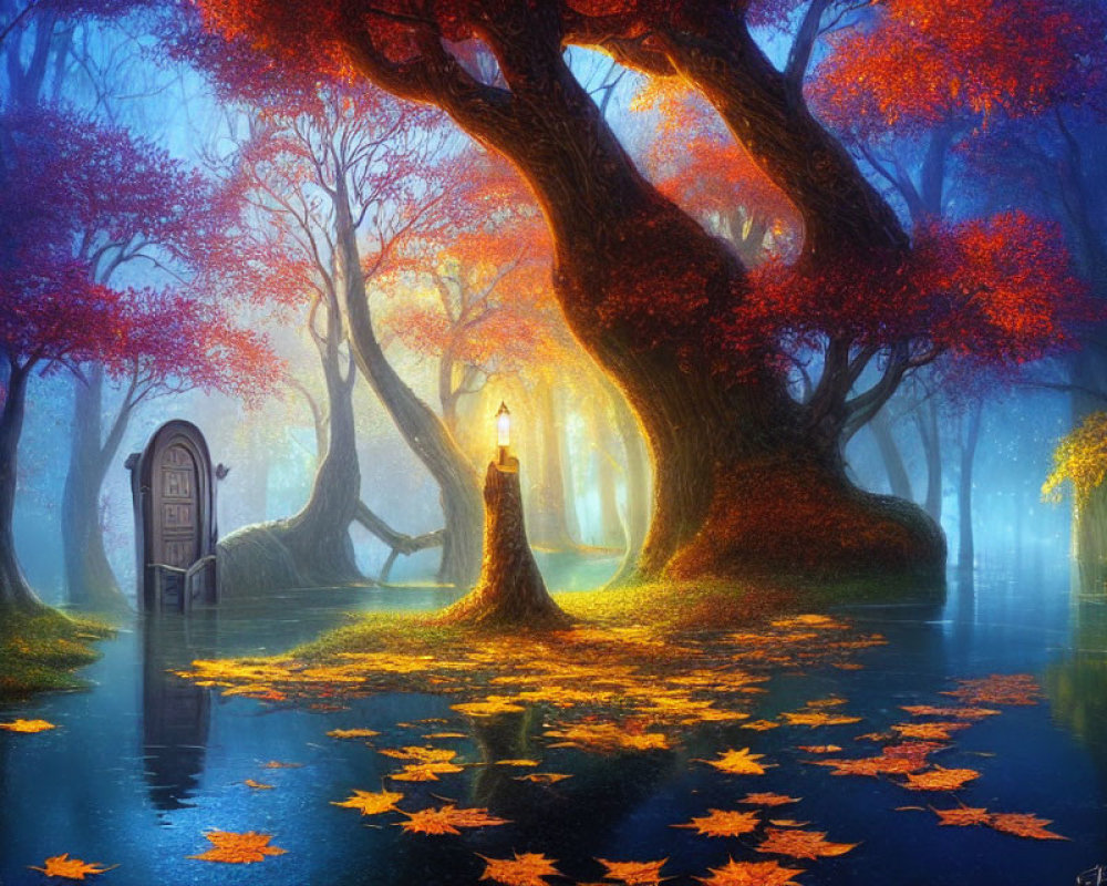 Enchanting forest scene with blue fog, red trees, door on tree, lamppost,