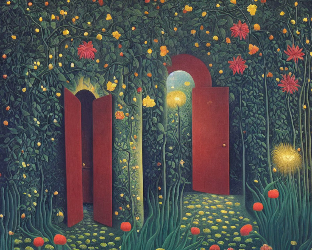 Vibrant illustration of mystical garden with red door