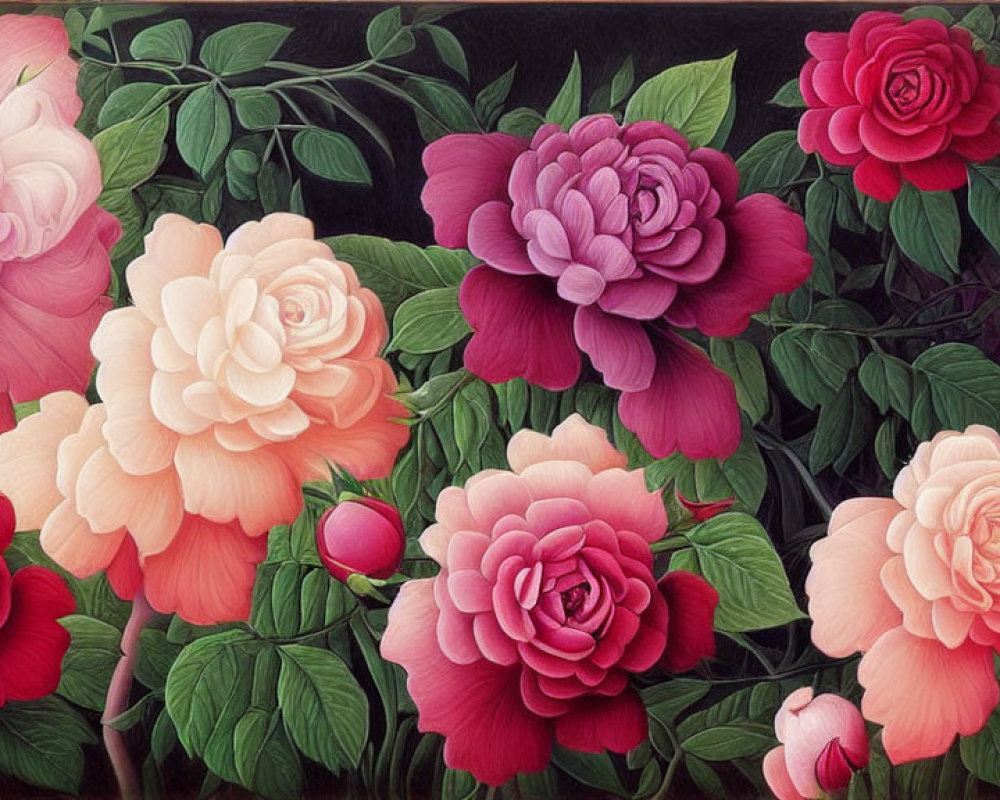 Colorful Camellia Flowers Painting with Detailed Foliage