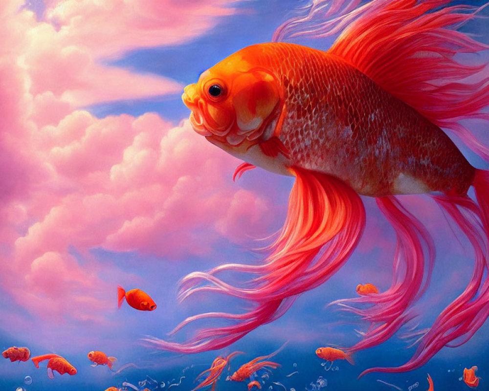 Colorful illustration of large orange fish swimming among smaller fish in pink and blue clouds