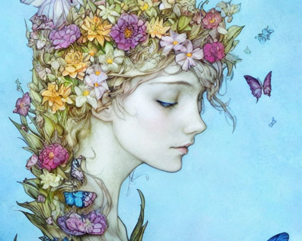 Illustration of serene woman with flower wreath and butterflies on pale blue background