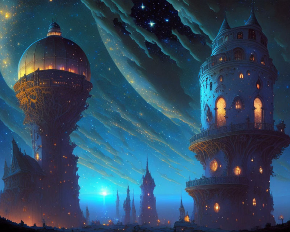 Fantasy landscape with two towering illuminated castles under a starry night sky