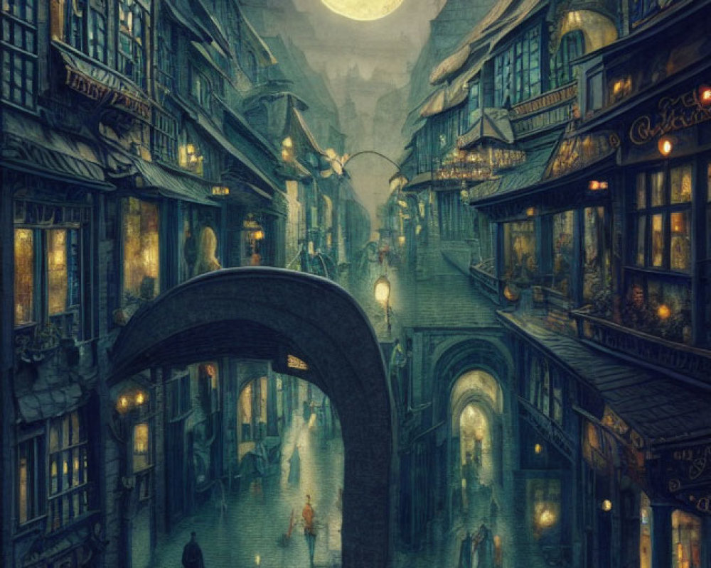 Moonlit cobblestone street in whimsical old-town setting with pedestrians, arched bridge, and