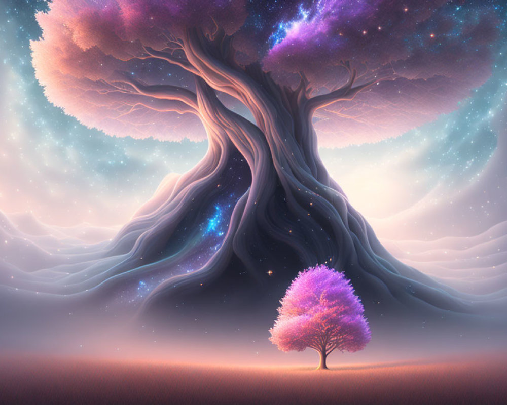 Majestic large tree with cosmic canopy beside smaller tree in dreamy twilight landscape