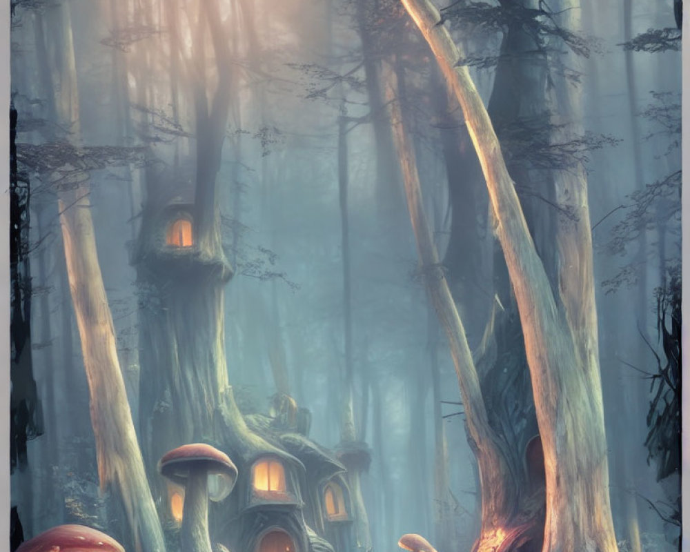 Enchanted forest with towering trees, whimsical houses, and giant mushrooms