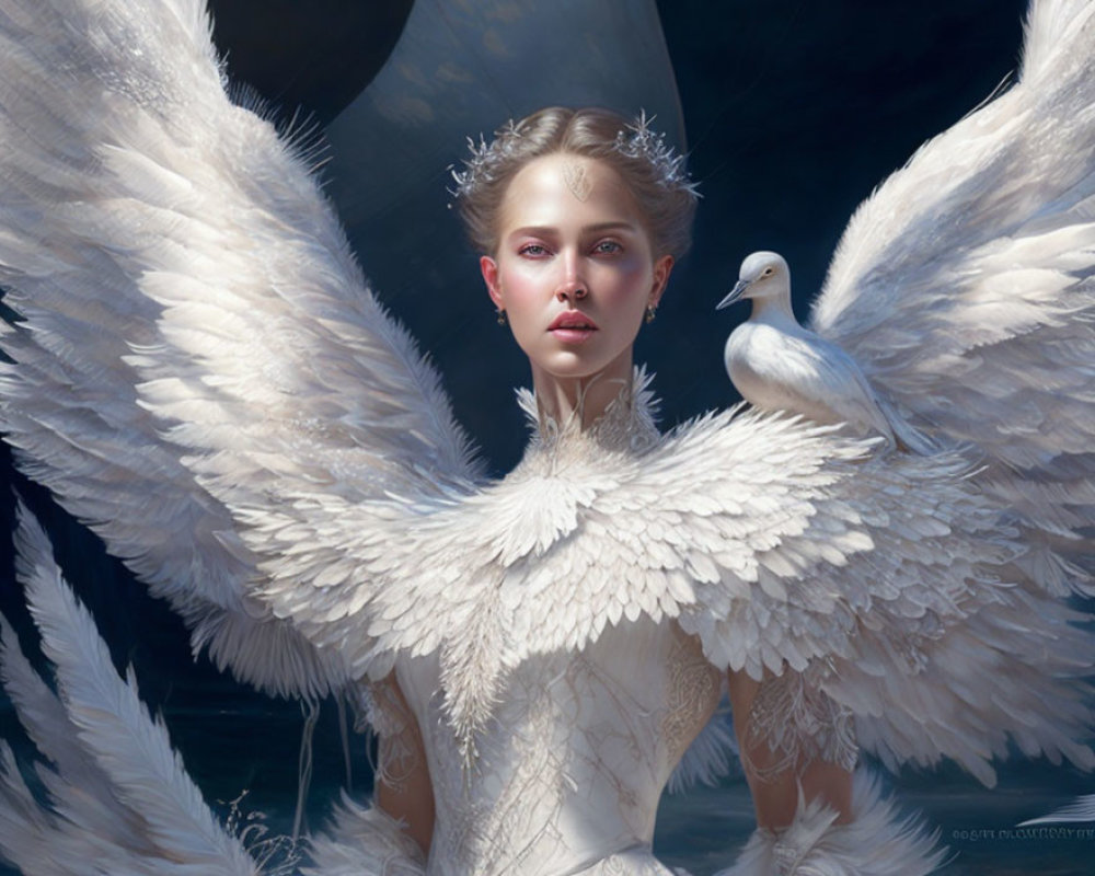 Digital artwork: Woman with white angel wings and dove, delicate feathers, serene expression, dark background