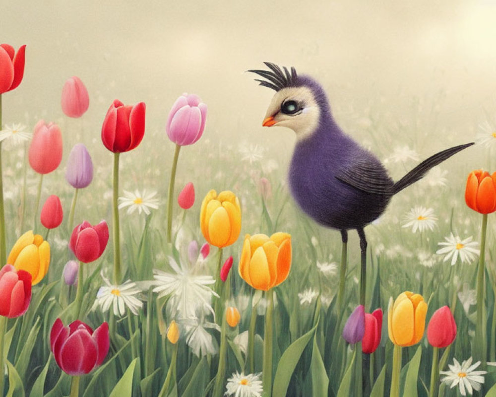 Whimsical bird surrounded by colorful flowers in dreamy meadow