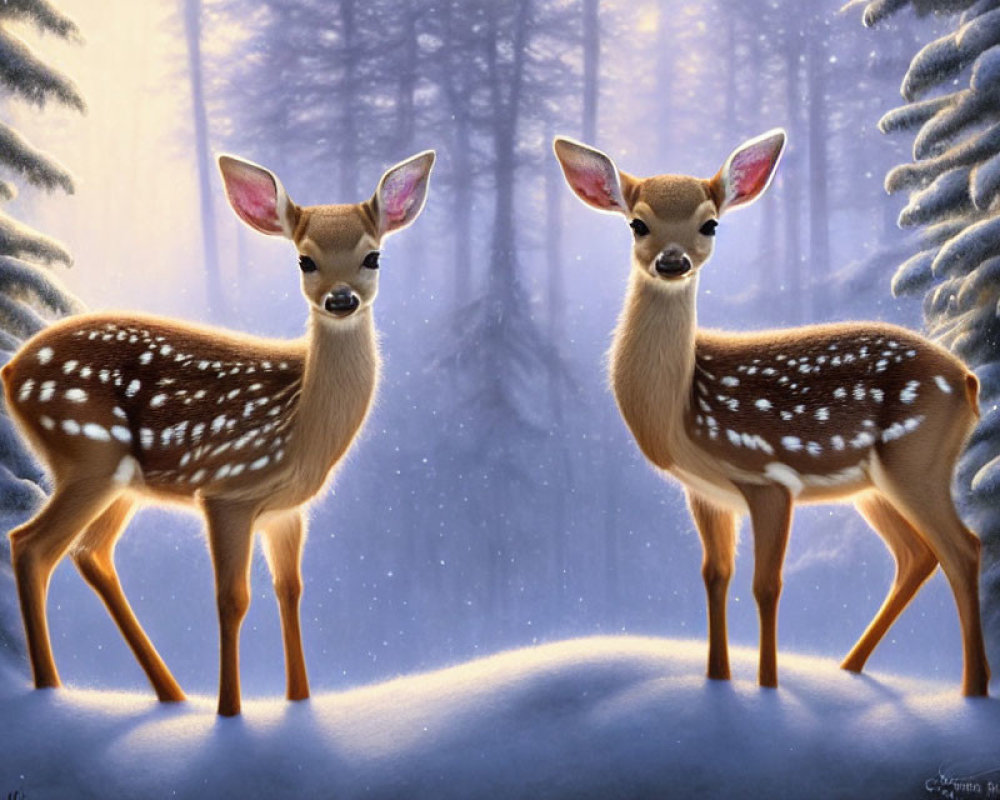 Spotted fawns in snowy forest with falling snowflakes