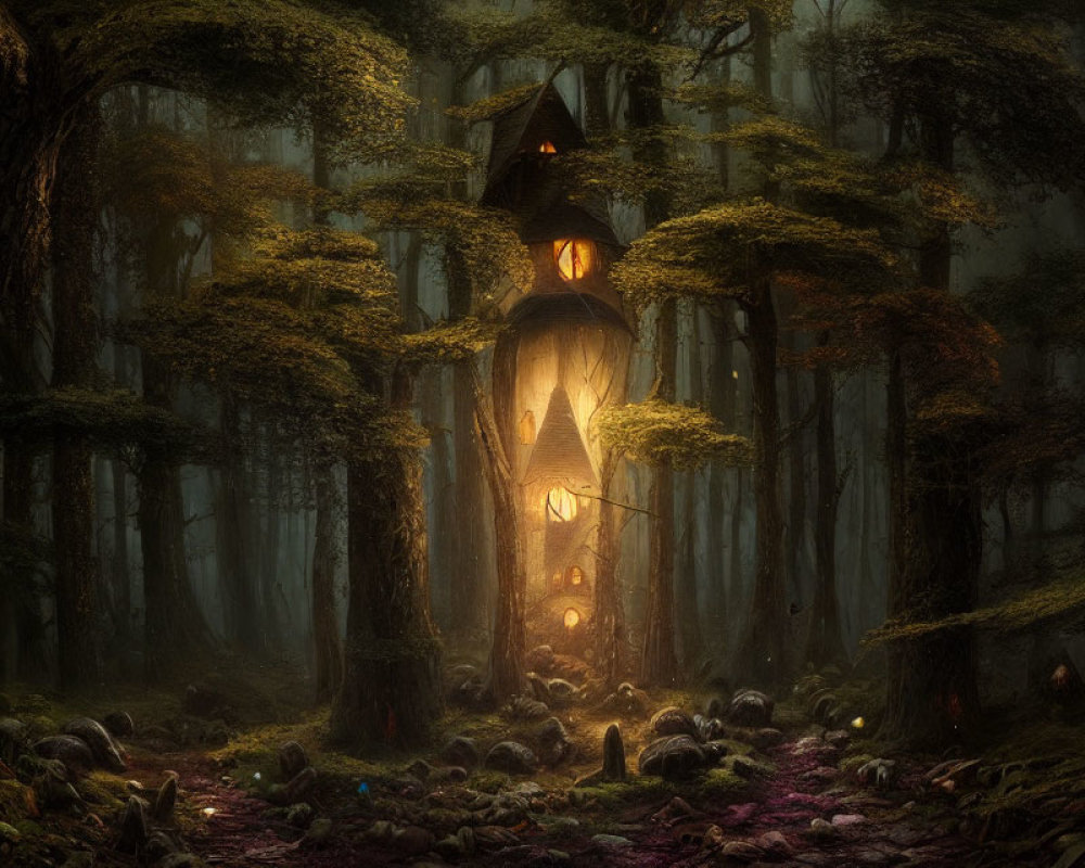 Mystical treehouse in enchanted forest with gnarled trees