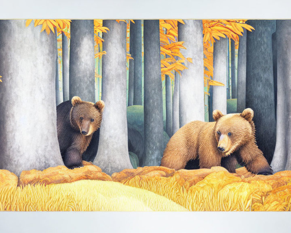 Two Brown Bears in Forest Setting with Yellow Foliage