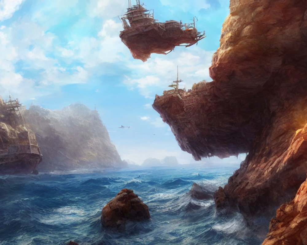 Fantastical seascape with pirate ships, cliffs, and hazy sky.