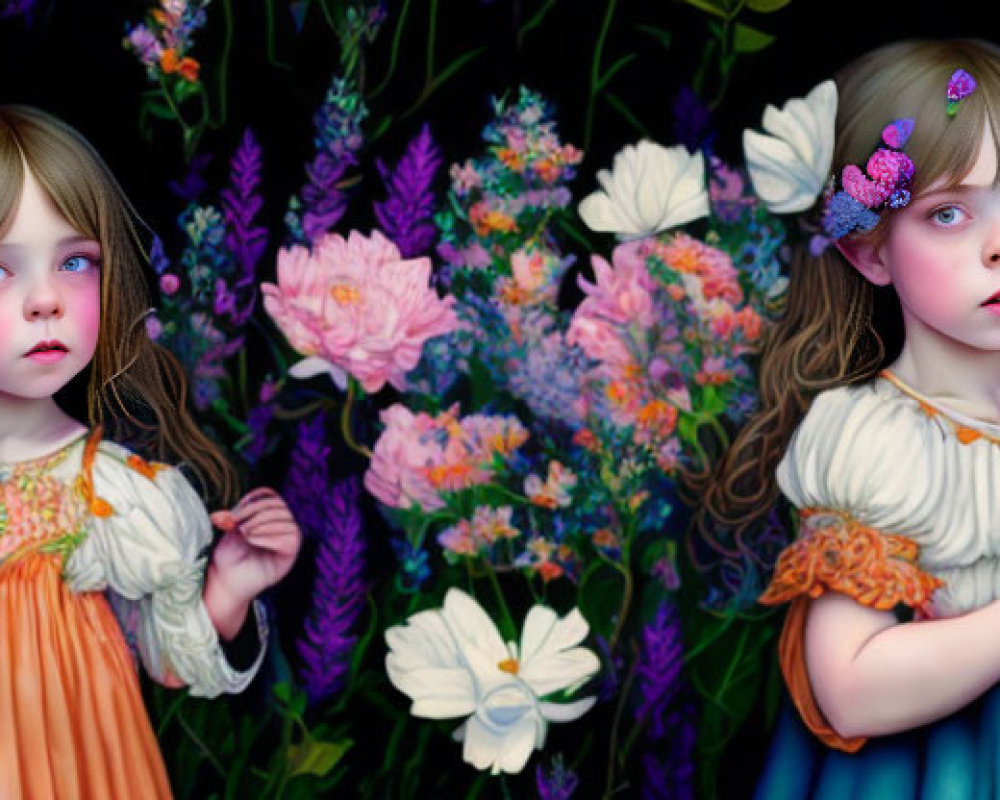 Two young girls in orange and blue dresses surrounded by colorful flowers