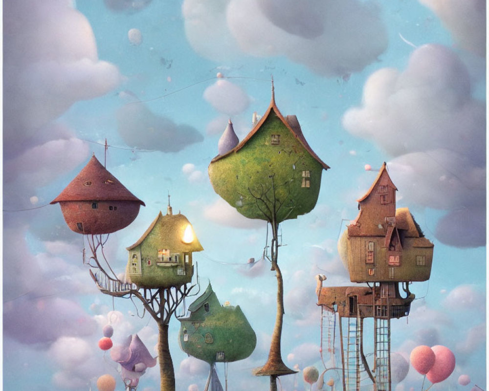 Unique Treehouse Illustration with Floating Balloons and Cloudy Sky