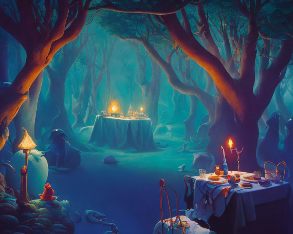 Enchanting forest night scene with candlelit dinner setup