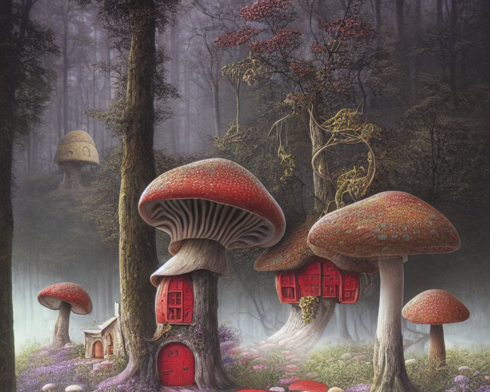 Enchanted forest scene with oversized red mushroom houses in misty backdrop