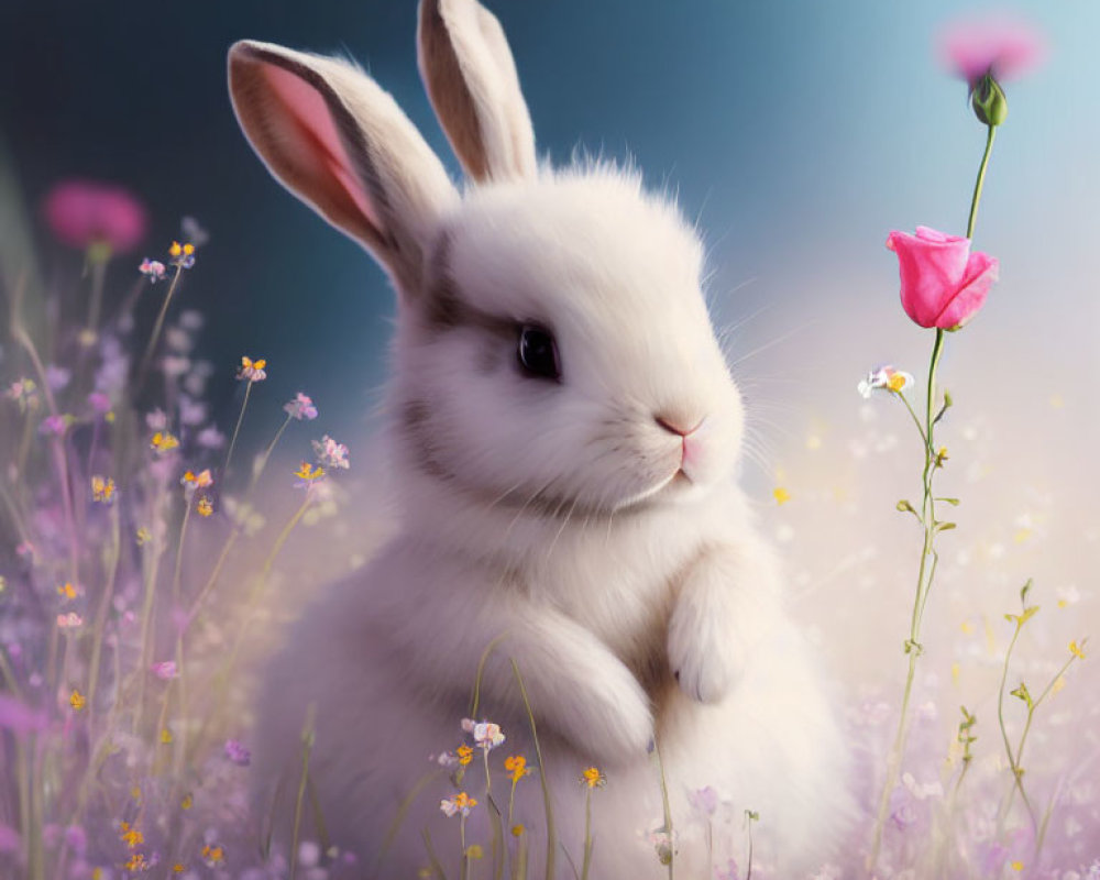White Rabbit Surrounded by Pink and Purple Flowers on Blue Background