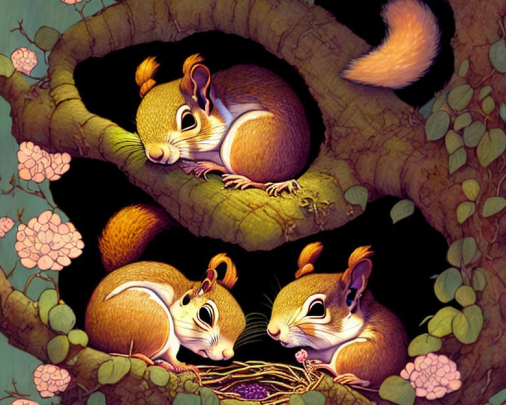 Whimsical tree hollow scene with three squirrels and blooming flowers