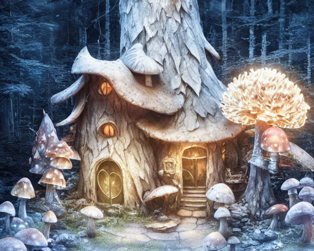 Whimsical mushroom house in enchanted forest setting