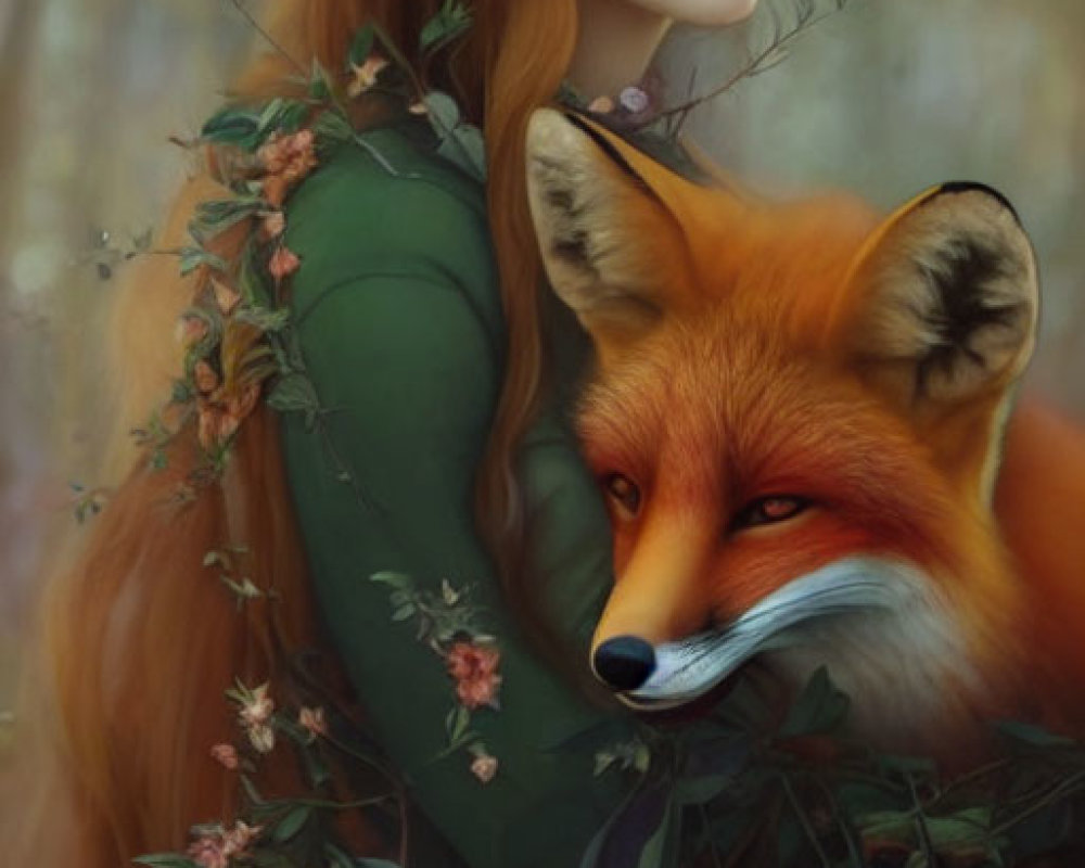 Woman with Long Red Hair Embracing Fox in Ethereal Light