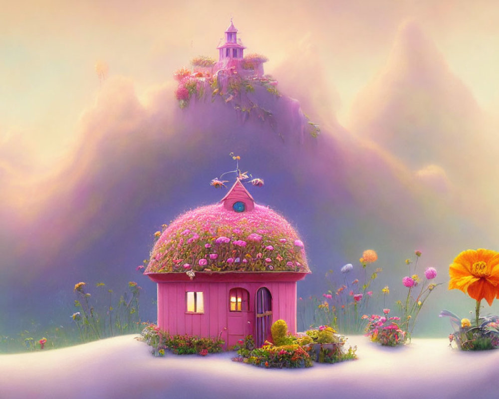 Whimsical landscape with pink cottage and purple lighthouse