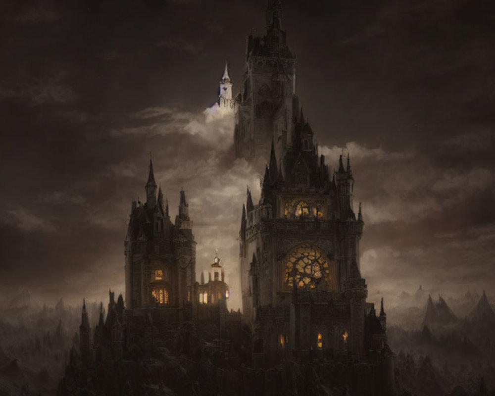 Gothic castle on mountain with moonlit spire & illuminated windows
