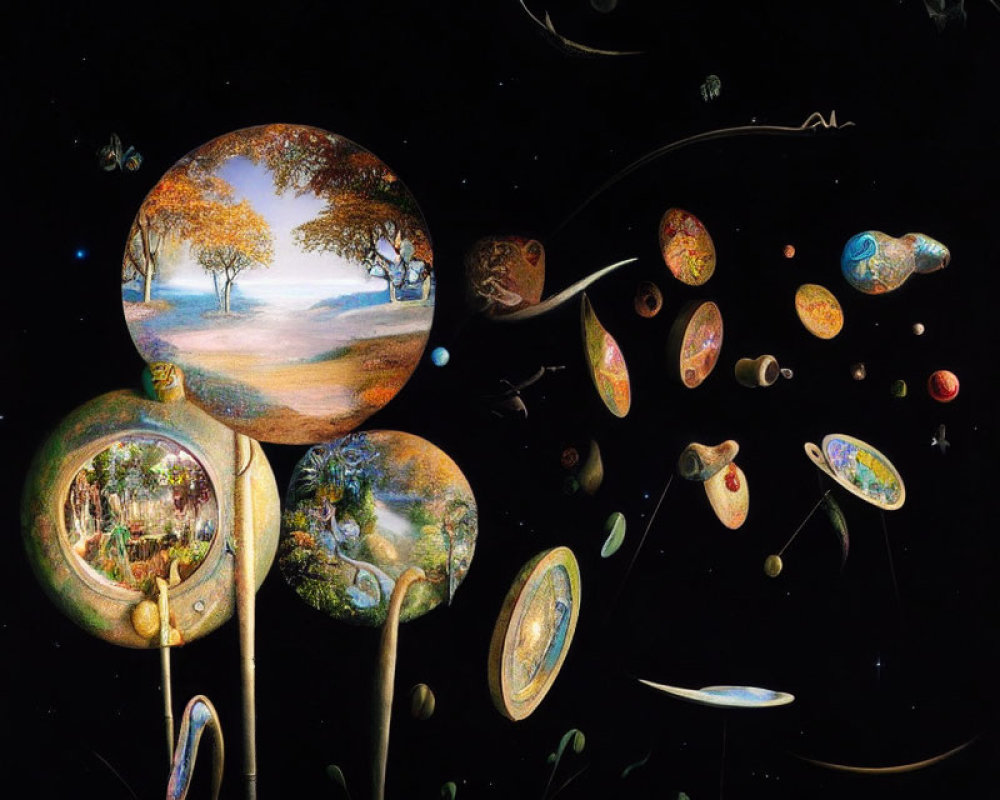 Surreal Artwork: Magnifying Glasses in Space Revealing Pastoral Scenes
