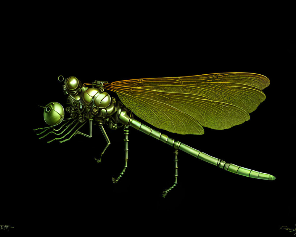 Mechanical dragonfly with gears on dark background
