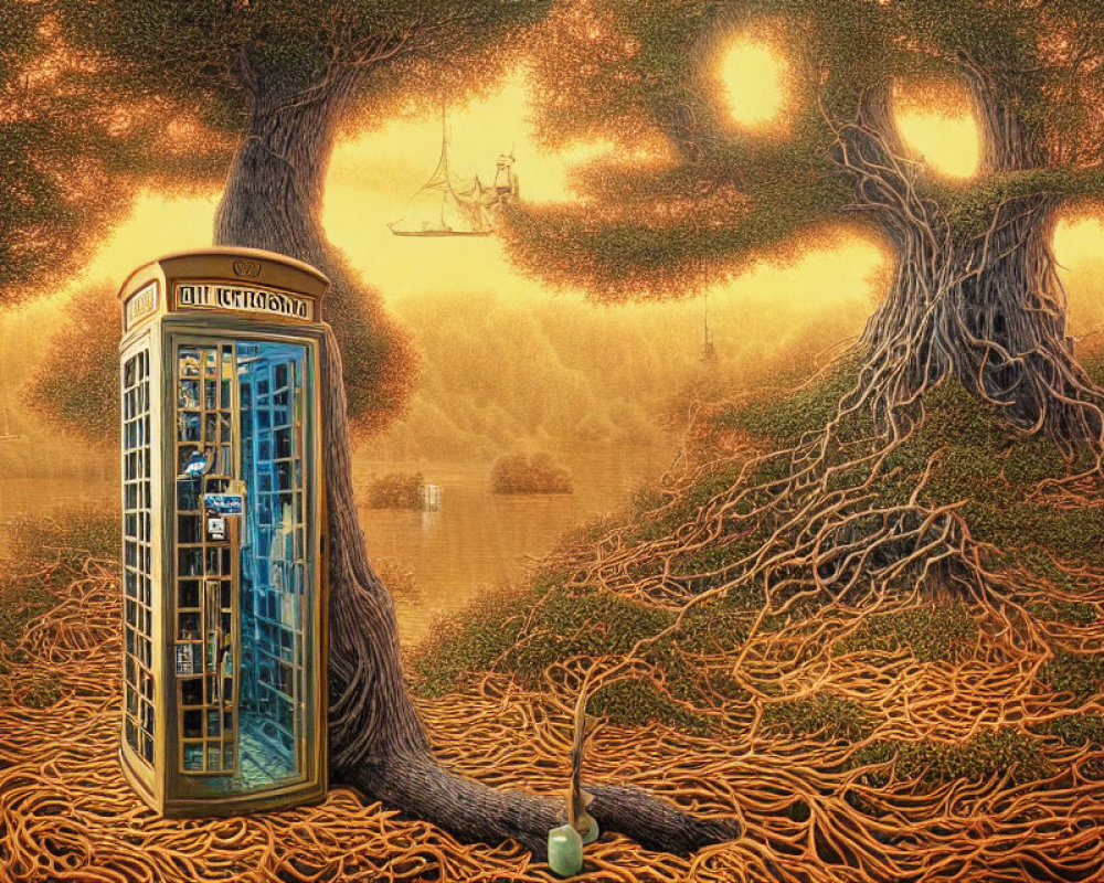 Vintage blue telephone booth in surreal forest with lantern-lit boat and shovel.