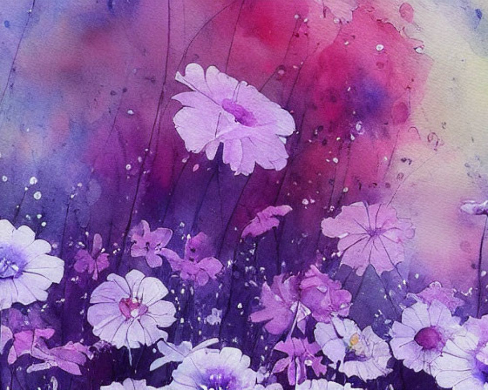 Purple and White Flowers Watercolor Painting with Dreamy Rainy Background