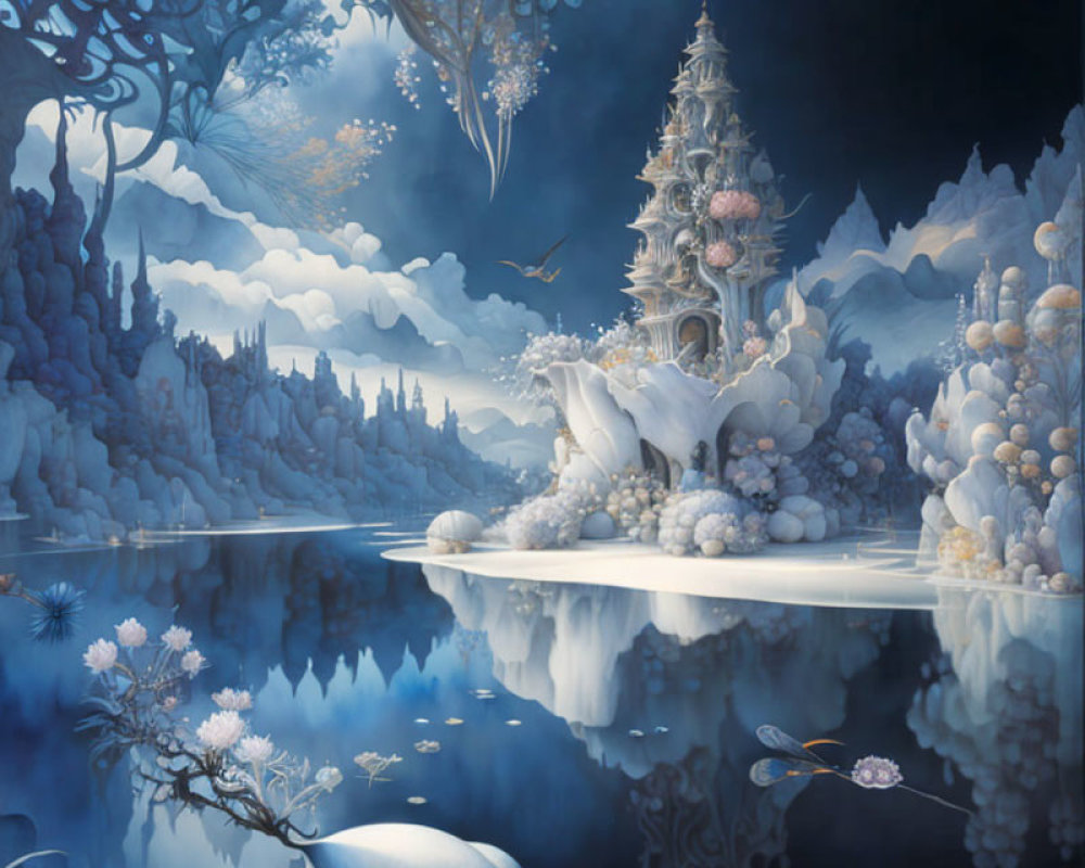 Ethereal snowy landscape with fantastic castle and blue flora