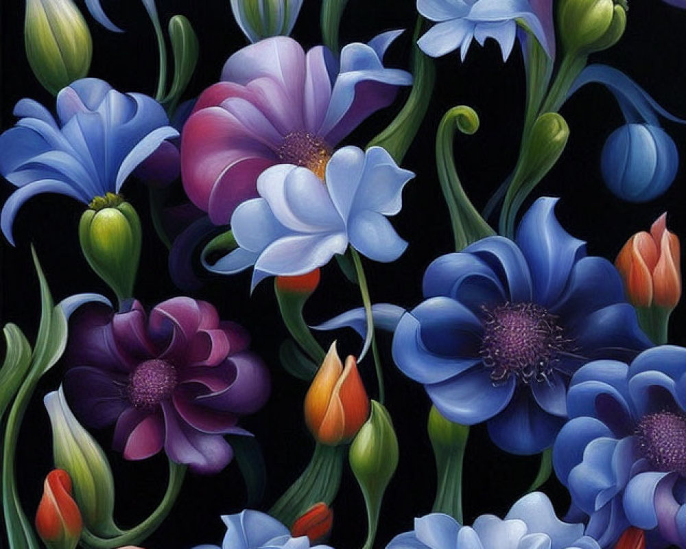 Illustrated Flowers in Blue, Purple, and Pink on Dark Background