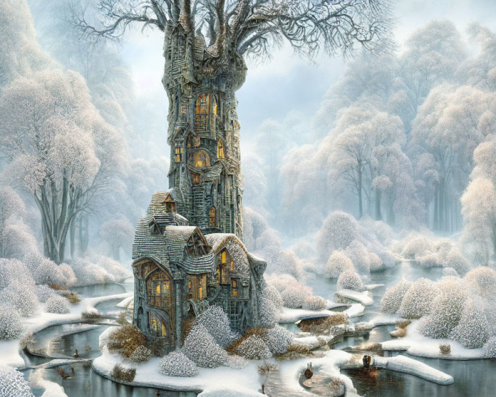 Stone cottage in tree surrounded by winter landscape