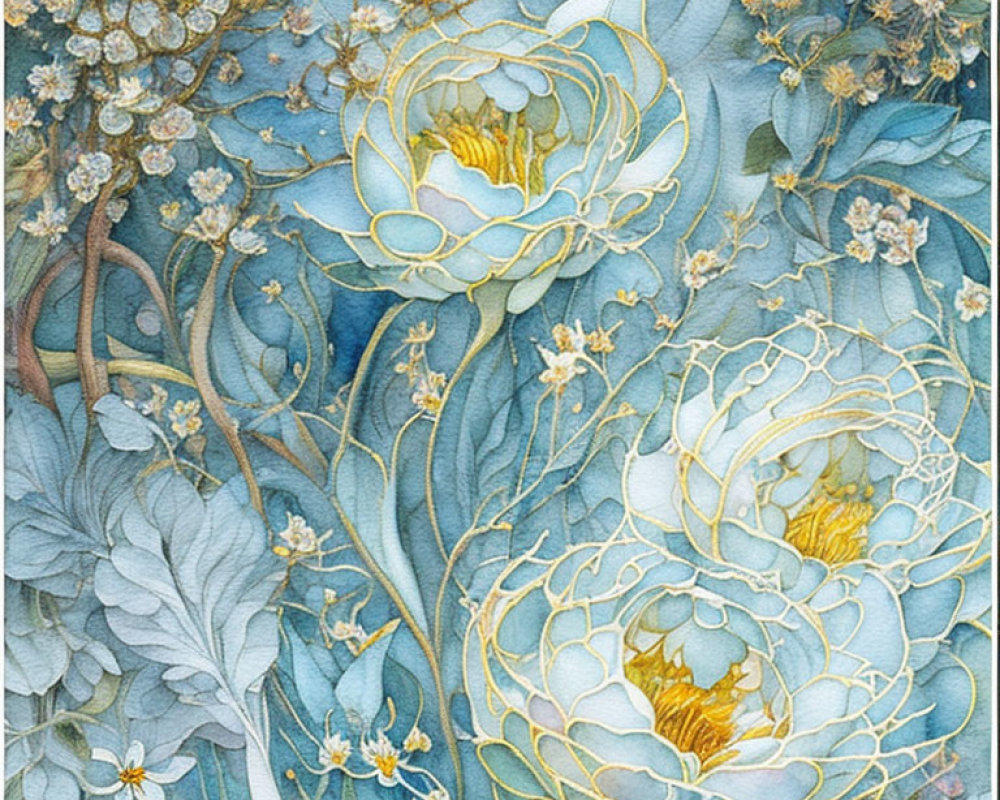 Detailed Watercolor Painting of White Peonies and Blue Floral Backdrop