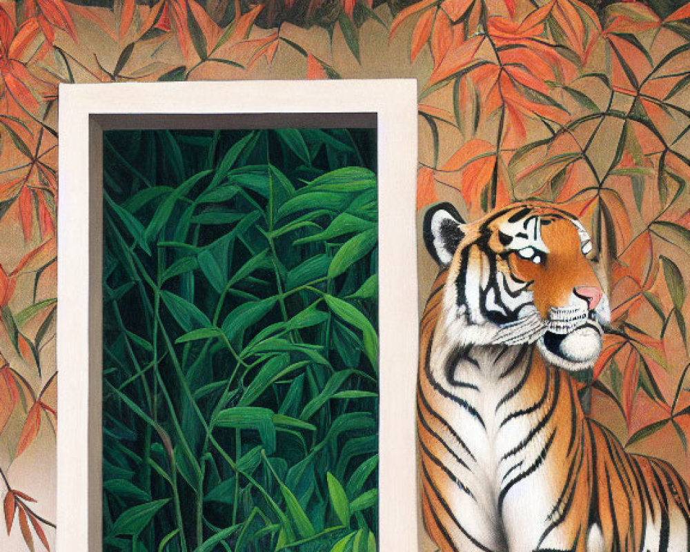 Tiger sitting by open door with lush green foliage view