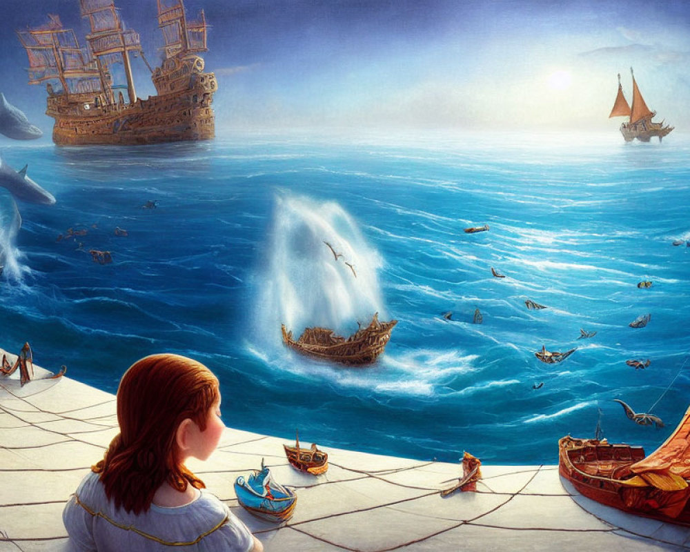 Fantastical sea scene with dolphins, ships, and whale under surreal sky
