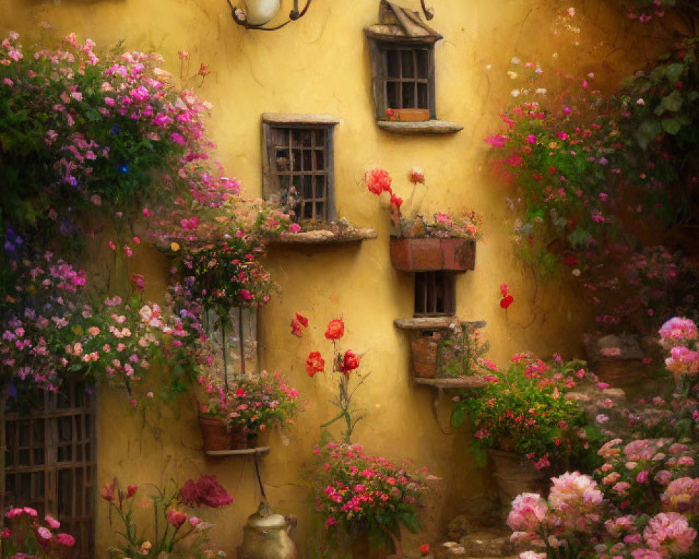 Yellow-walled old house with blooming flowers and greenery