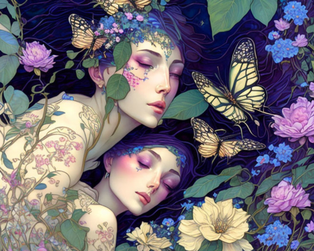 Two people with floral tattoos surrounded by purple and blue flowers and butterflies.