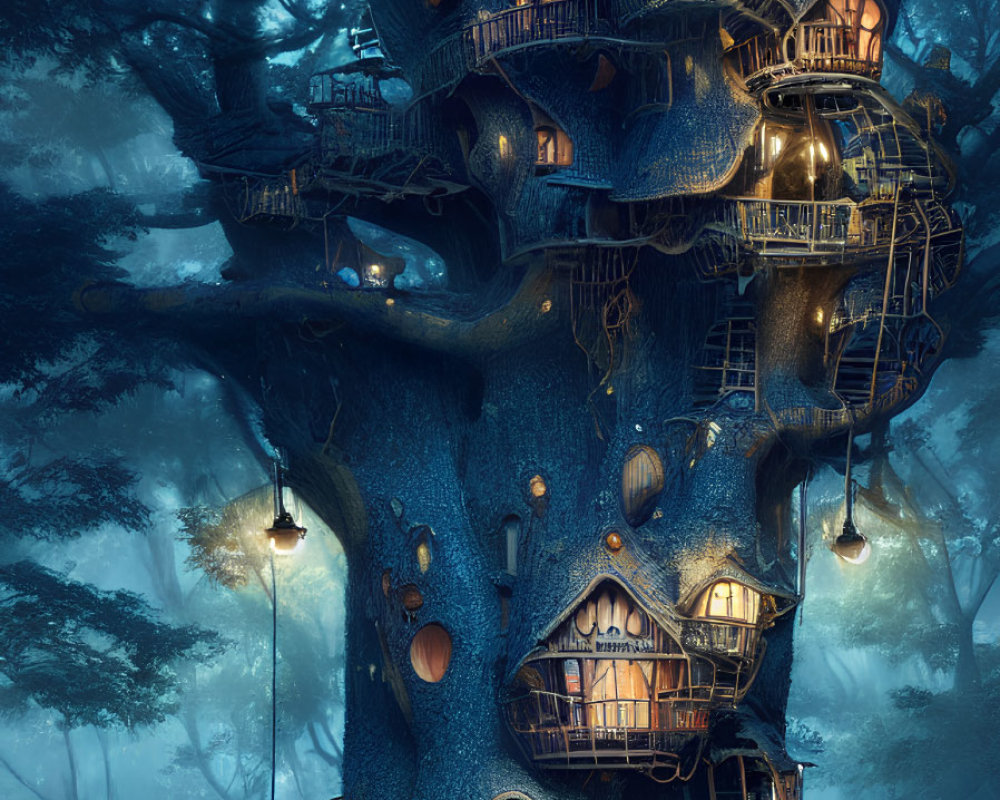 Enchanted forest twilight scene: glowing treehouse.