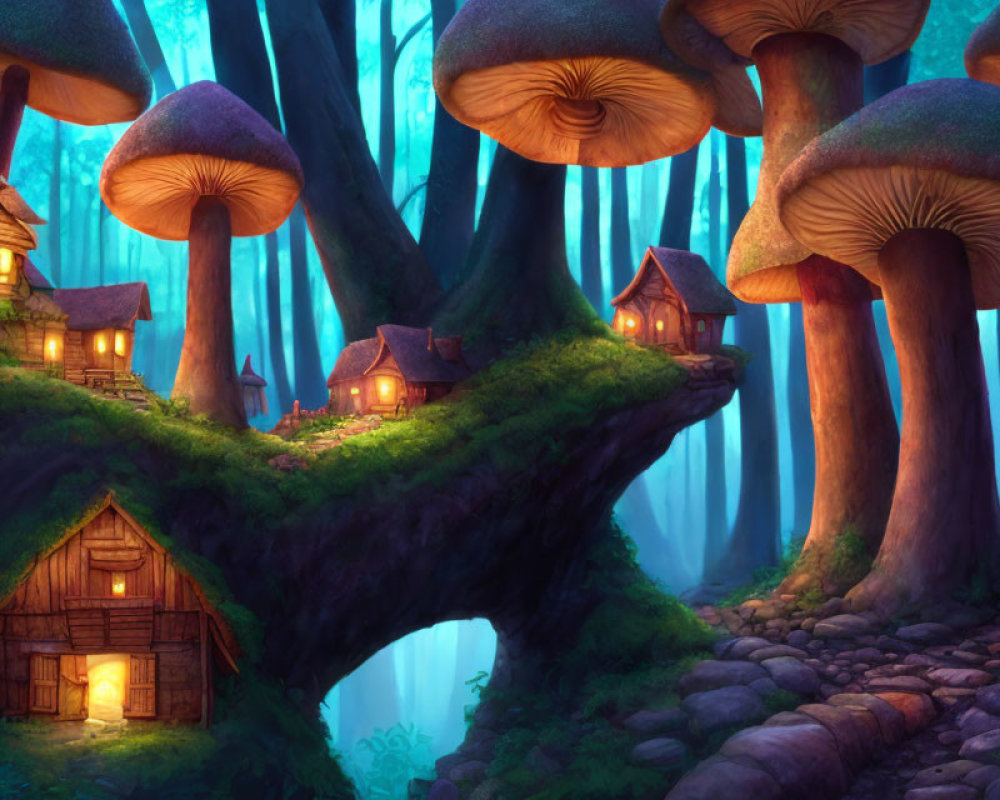 Enchanting twilight forest with oversized mushrooms and quaint houses