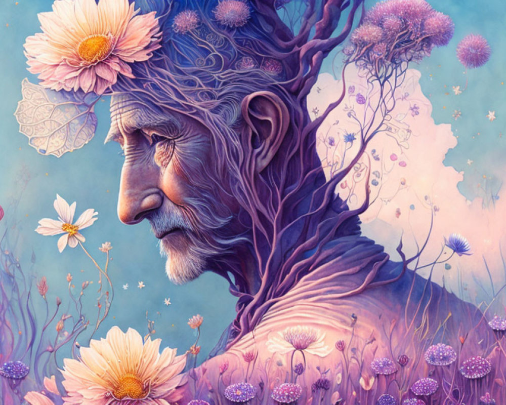 Elderly person profile merging with tree branches and flowers