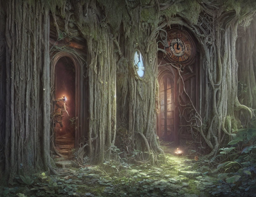 Ethereal forest scene with mystical doors, clocks, warm light