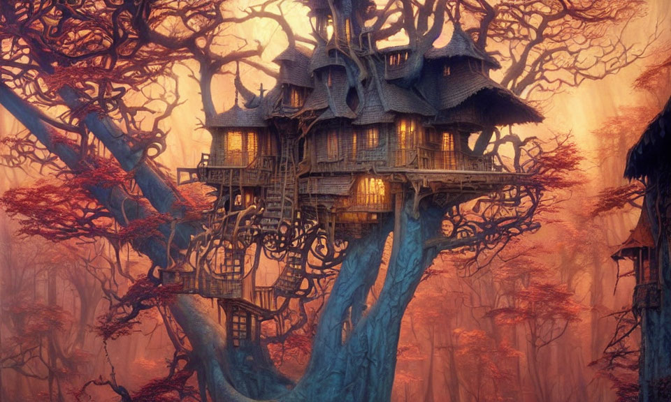 Intricate multi-level treehouse in misty autumn forest