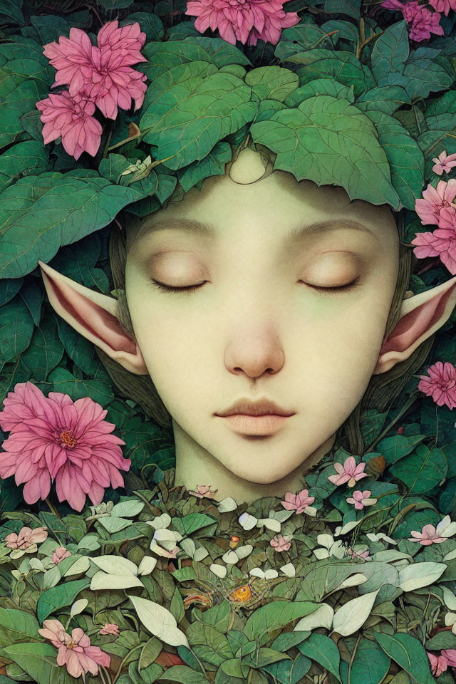 Serene elf-like character in nature setting with green leaves and pink flowers