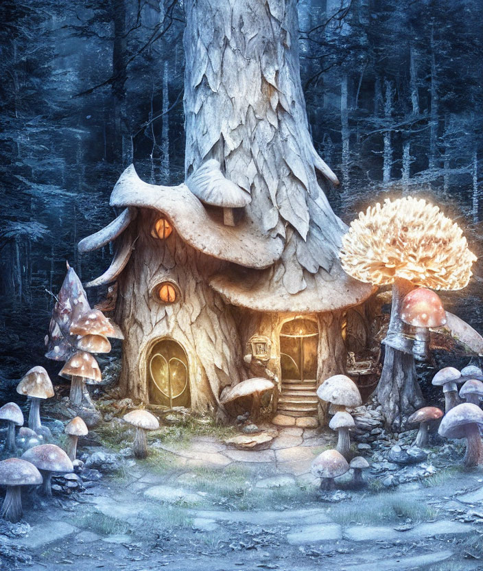 Whimsical mushroom house in enchanted forest setting
