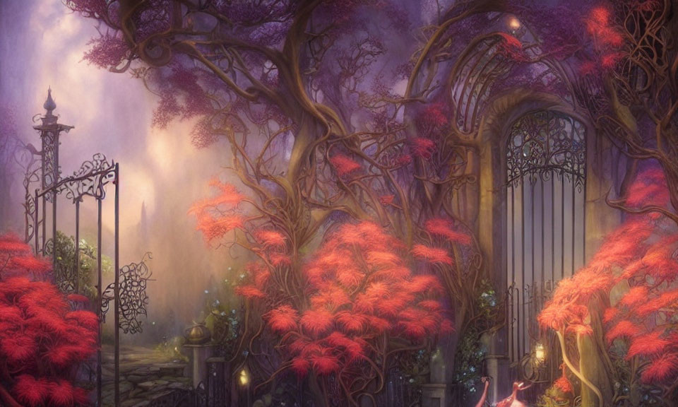 Mystical forest with vibrant pink foliage under a purple twilight sky