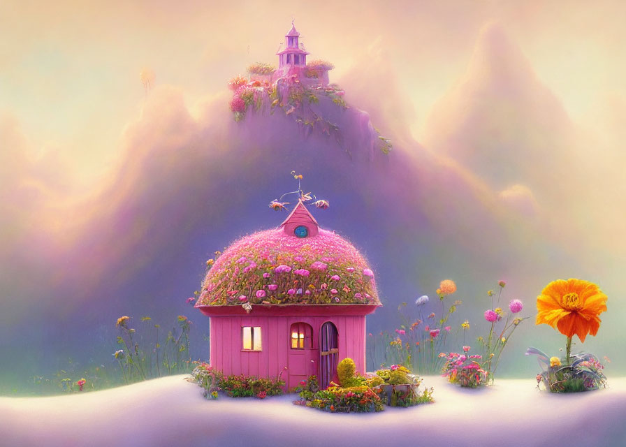 Whimsical landscape with pink cottage and purple lighthouse