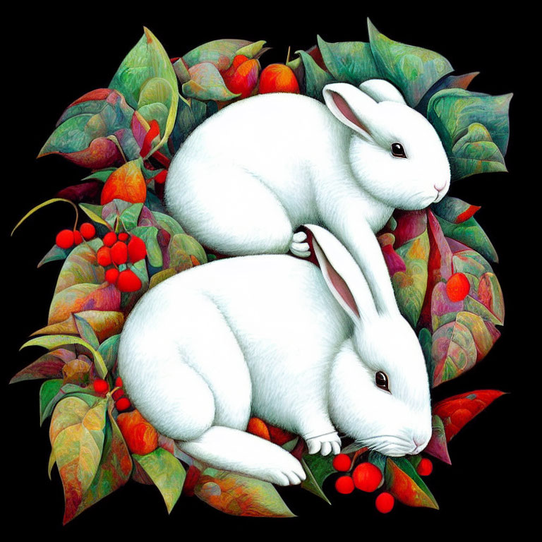 White rabbits surrounded by colorful leaves and red berries on black background