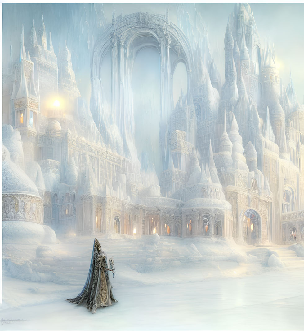 Majestic fantasy castle in ethereal light with cloaked figure