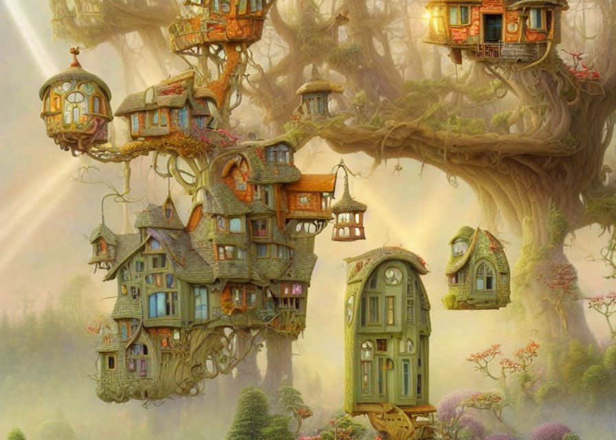 Whimsical tree houses in misty forest setting