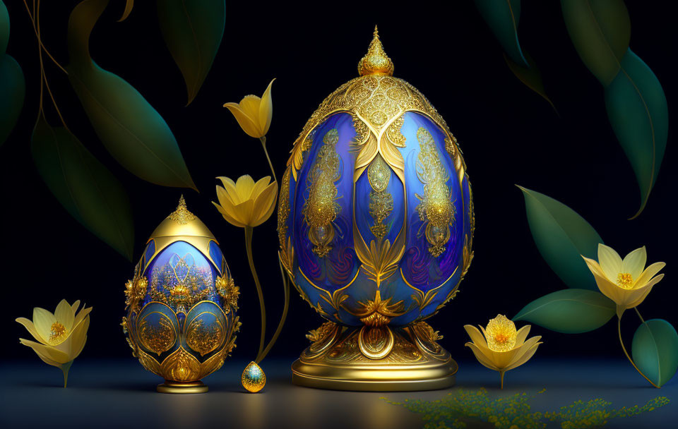 Intricate Fabergé Egg with Gold Detailing and Decorative Eggs on Dark Background